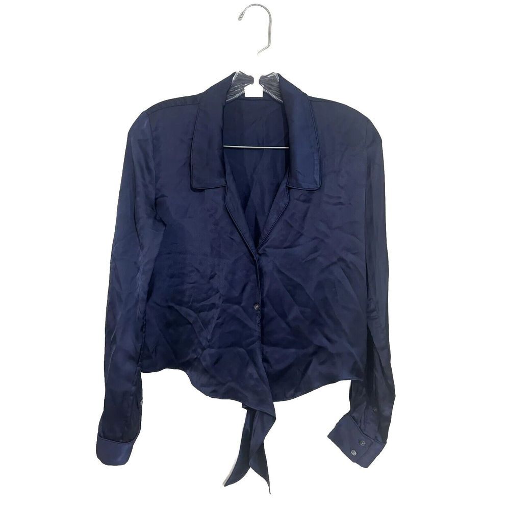 Wilfred Crop Top Womens XXSmall Navy Satin Cupro Vegan Silk Minimalist Blouse